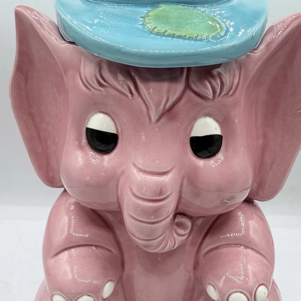 Vintage Pink Elephant Cookie‎ Jar Top Hat Ceramic Kitsch MCM 1950s Rare 12
